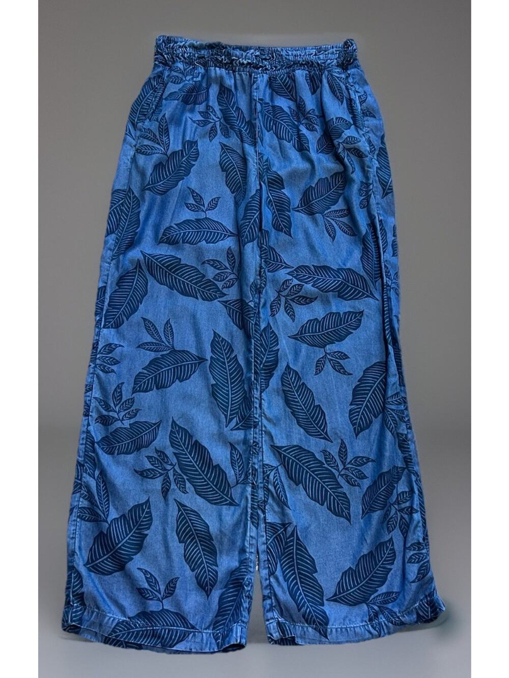Land n' Sea Wide Leg Pants Women M Blue Tropical Leaf Soft Lyocell Summer Casual